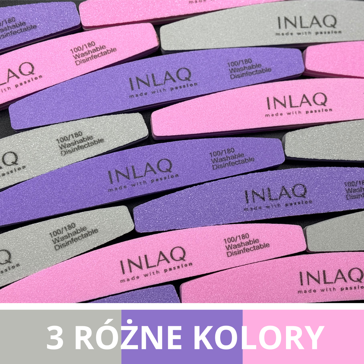 INLAQ Pilnik do Paznokci na Piance 100/180 Różowy/Fioletowy/Szary